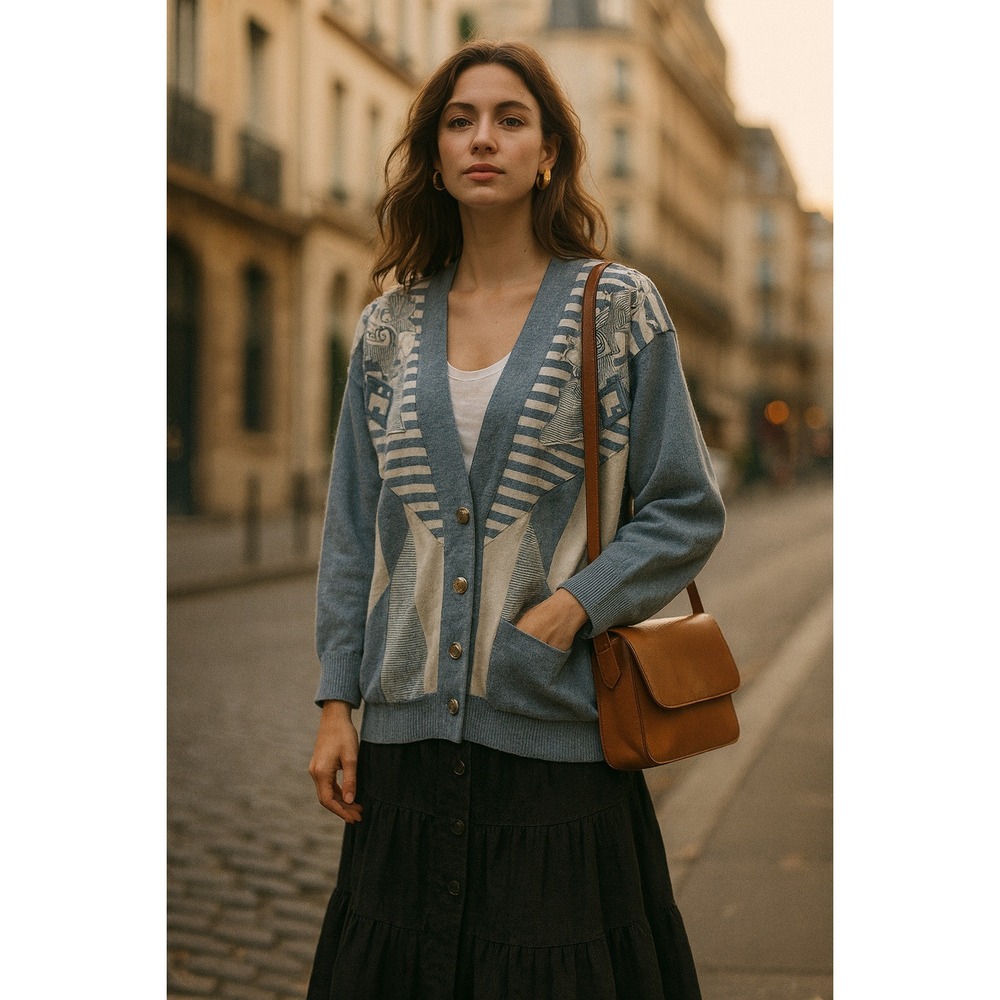 Vintage 90s Denim Look Cardigan Jacket Abstract Geometric Print Size L‎ XL